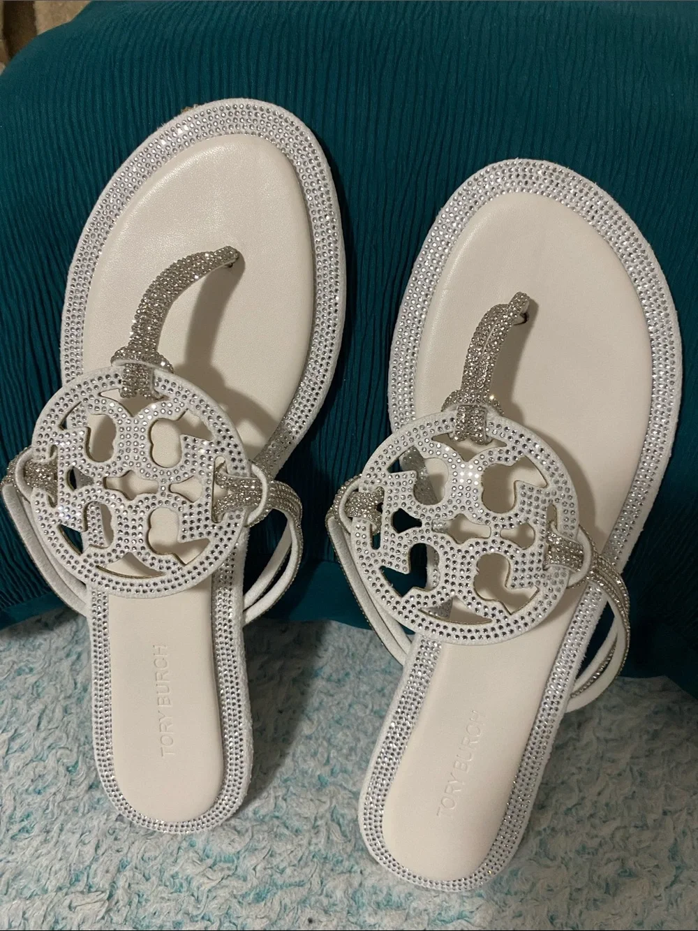 Tory Burch White Crystal-Embellished Miller Thong Sandals